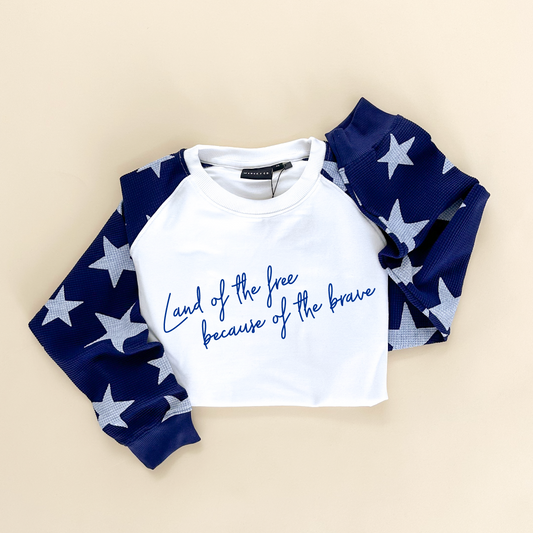 Land of the Free Script Adult Waffle Sleeve Star Crewneck - Navy / White