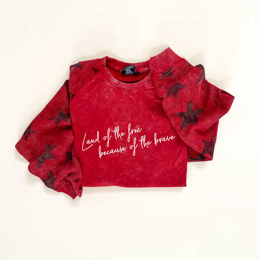 Land of the Free Script Adult Waffle Sleeve Star Crewneck - Red